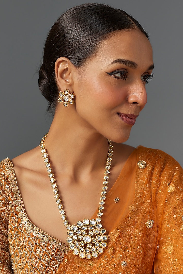 Gold Finish Kundan Polki Long Necklace Set by Jovi Jewels at Pernia's Pop Up Shop