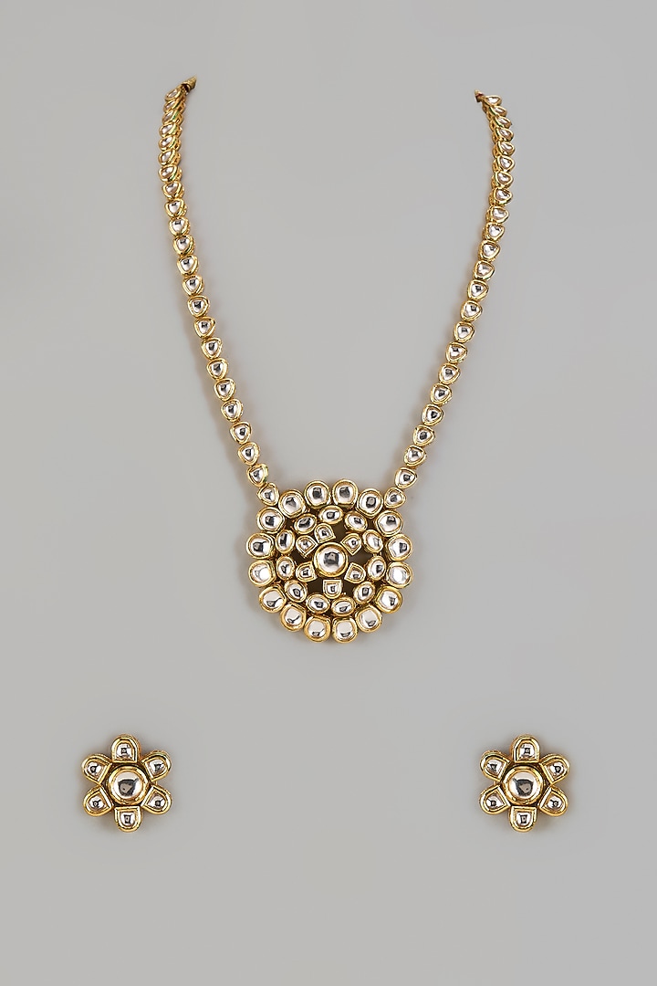 Gold Finish Kundan Polki Long Necklace Set by Jovi Jewels at Pernia's Pop Up Shop