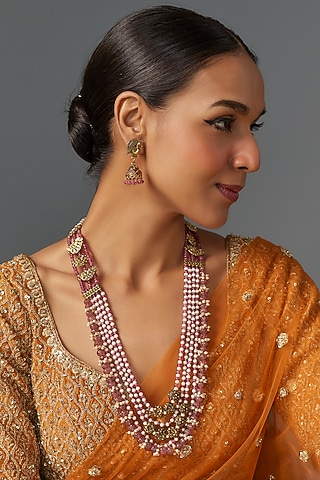 Gold Finish Red Semi-Precious Quartz Stone Temple Long Necklace Set by Jovi Jewels