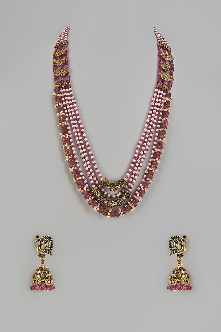 Gold Finish Red Semi-Precious Quartz Stone Temple Long Necklace Set by Jovi Jewels at Pernia's Pop Up Shop