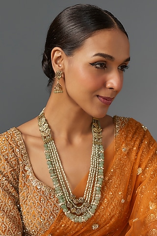 Gold Finish Green Semi-Precious Quartz Stone Temple Long Necklace Set by Jovi Jewels