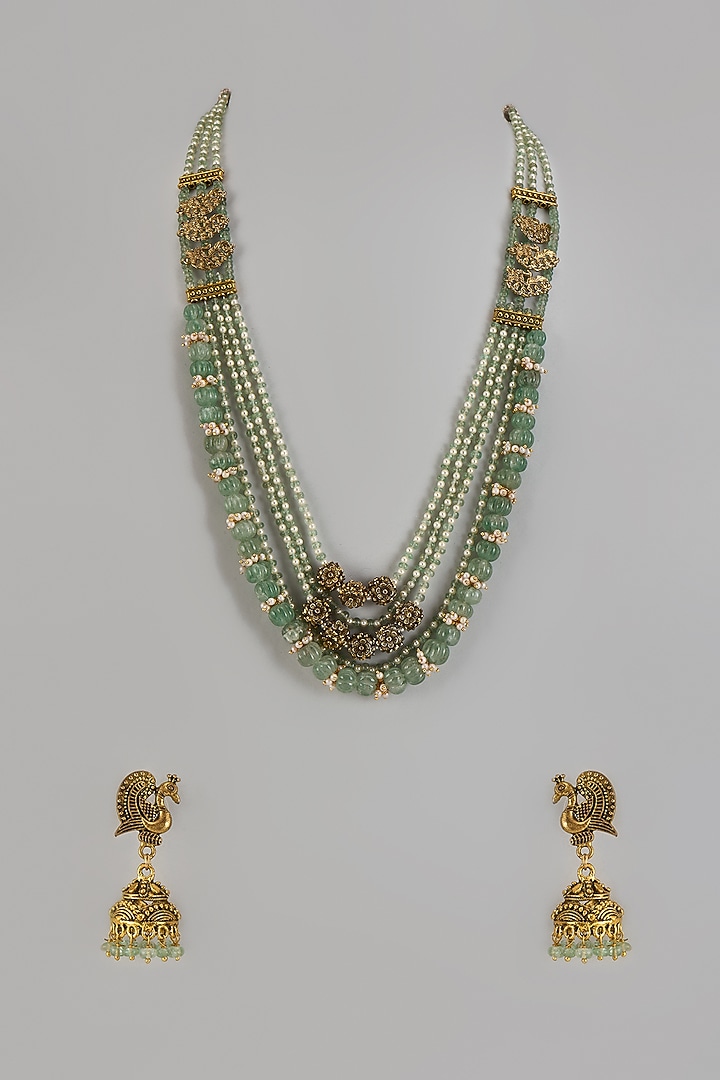 Gold Finish Green Semi-Precious Quartz Stone Temple Long Necklace Set by Jovi Jewels at Pernia's Pop Up Shop