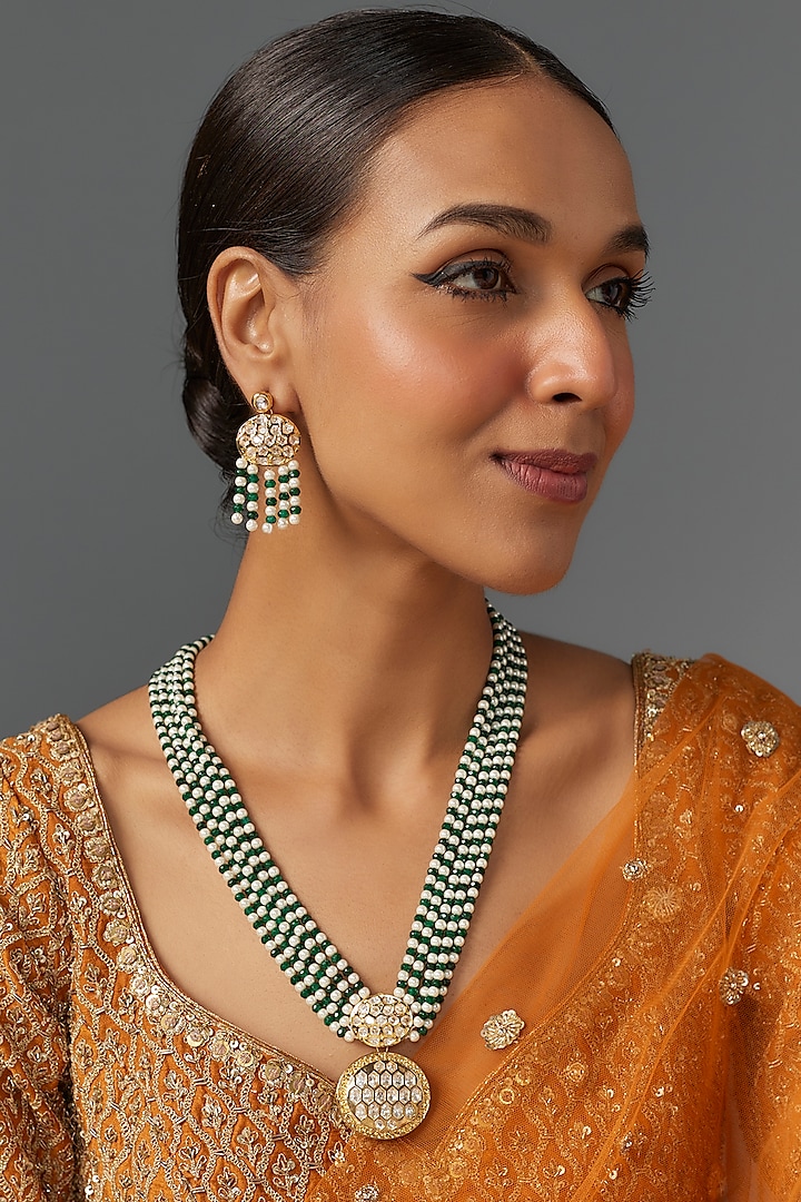 Gold Finish Green & White Pearl Long Necklace Set by Jovi Jewels at Pernia's Pop Up Shop