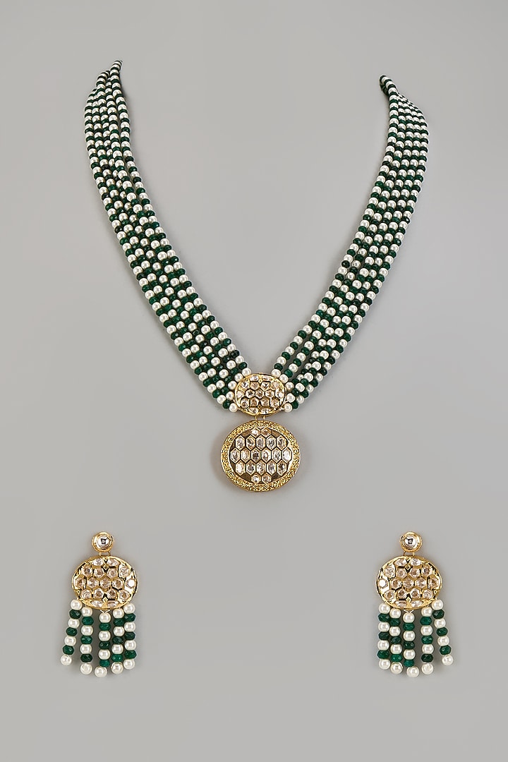 Gold Finish Green & White Pearl Long Necklace Set by Jovi Jewels at Pernia's Pop Up Shop