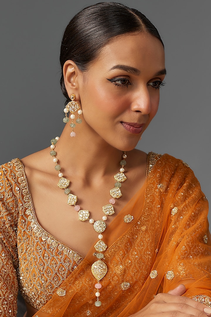 Gold Finish Kundan Polki Long Necklace Set by Jovi Jewels at Pernia's Pop Up Shop