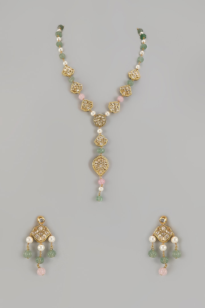 Gold Finish Kundan Polki Long Necklace Set by Jovi Jewels at Pernia's Pop Up Shop