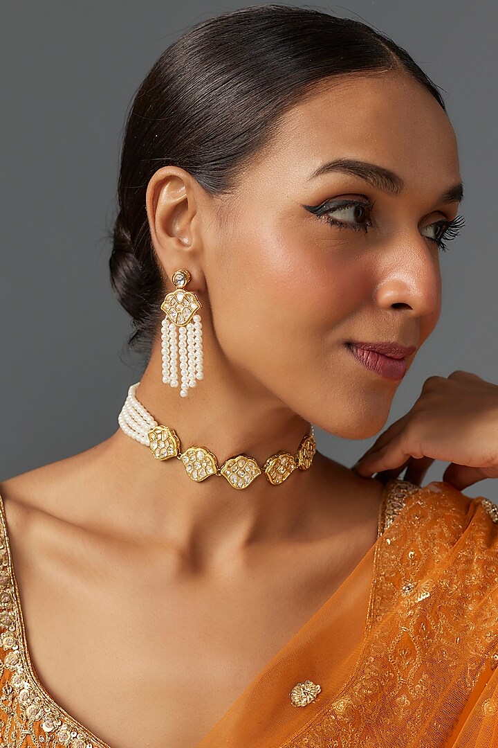 Gold Finish Kundan Polki & Pearl Choker Necklace Set by Jovi Jewels at Pernia's Pop Up Shop