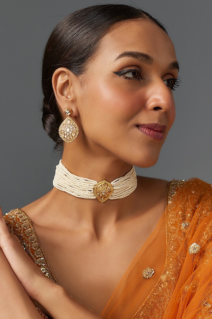 Gold Finish Kundan Polki & Shell Pearl Choker Necklace Set by Jovi Jewels at Pernia's Pop Up Shop