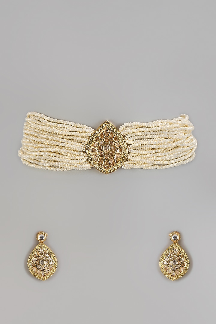 Gold Finish Kundan Polki & Shell Pearl Choker Necklace Set by Jovi Jewels at Pernia's Pop Up Shop