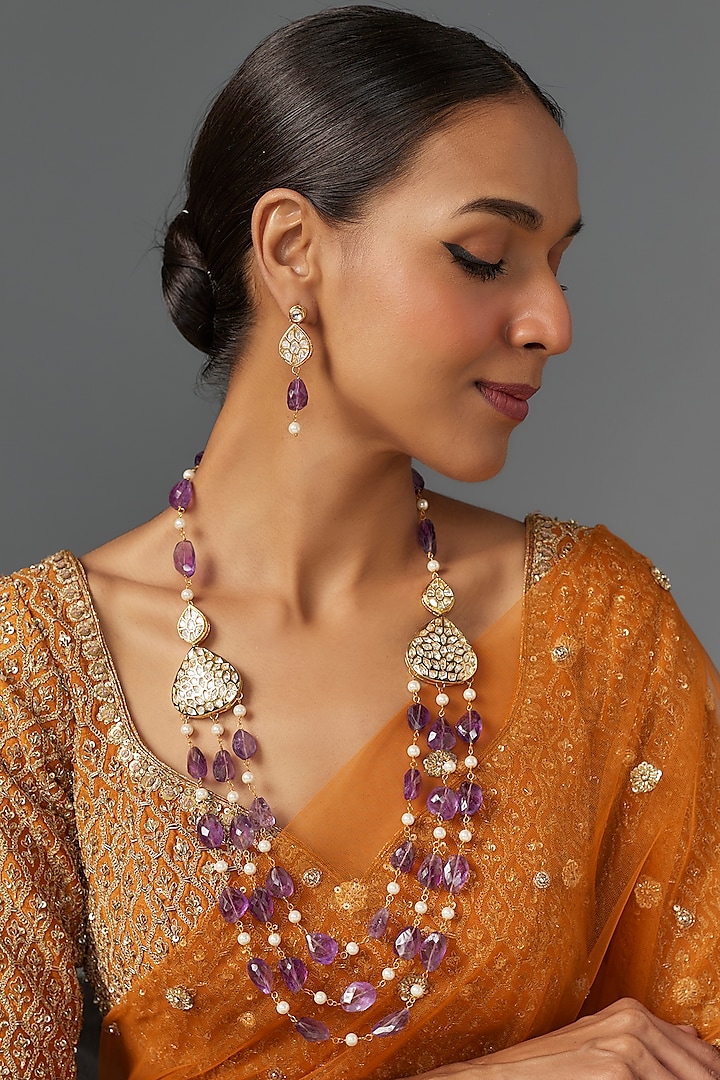 Gold Finish Kundan Polki & Amethyst Beaded Long Necklace Set by Jovi Jewels at Pernia's Pop Up Shop