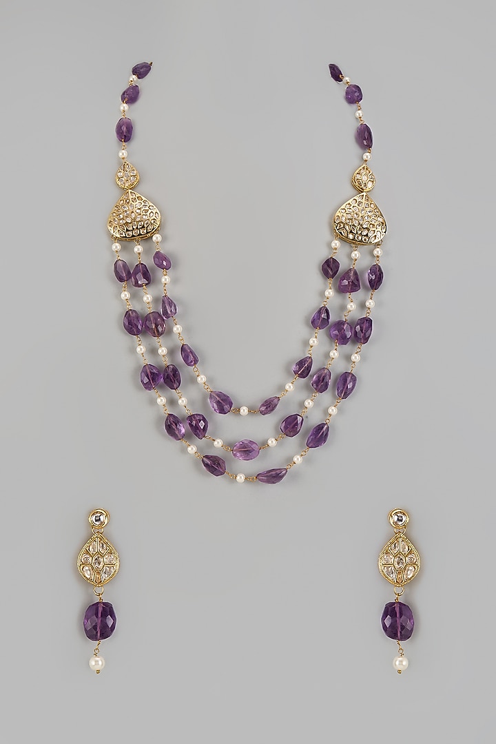 Gold Finish Kundan Polki & Amethyst Beaded Long Necklace Set by Jovi Jewels at Pernia's Pop Up Shop