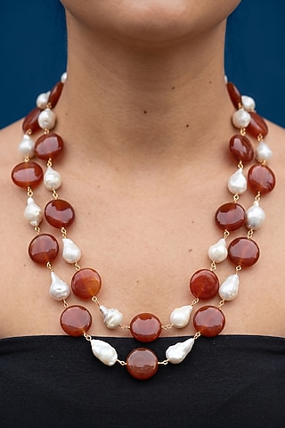 Orange Freshwater Pearl & Coin Beaded Layered Necklace by Jovi Jewels