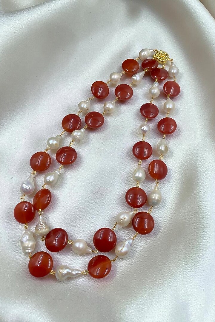 Orange Freshwater Pearl & Coin Beaded Layered Necklace by Jovi Jewels at Pernia's Pop Up Shop