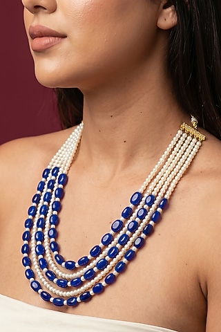 Blue Quartz Stone & Shell Pearl Necklace by Jovi Jewels