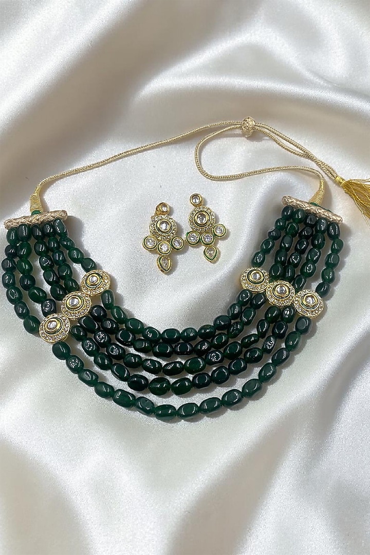 Green Quartz Stone & Kundan Polki Necklace Set by Jovi Jewels at Pernia's Pop Up Shop