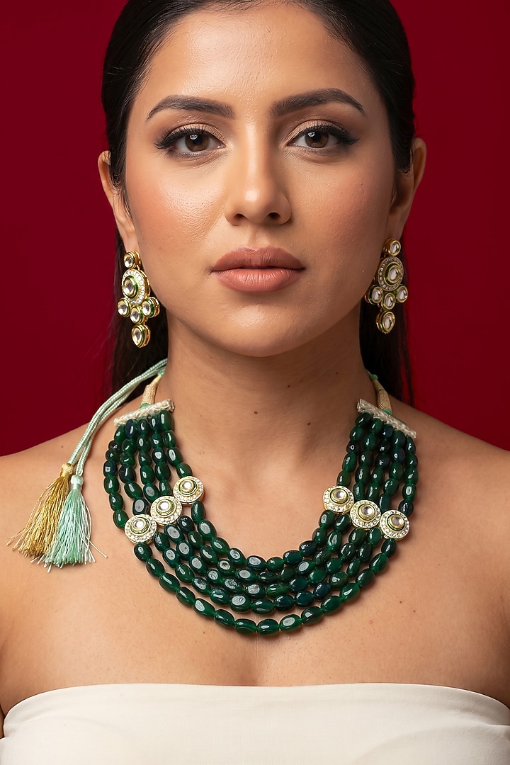 Green Quartz Stone & Kundan Polki Necklace Set by Jovi Jewels at Pernia's Pop Up Shop