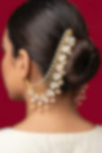 Gold Finish Kundan Polki & Pearl Earchains by Jovi Jewels at Pernia's Pop Up Shop