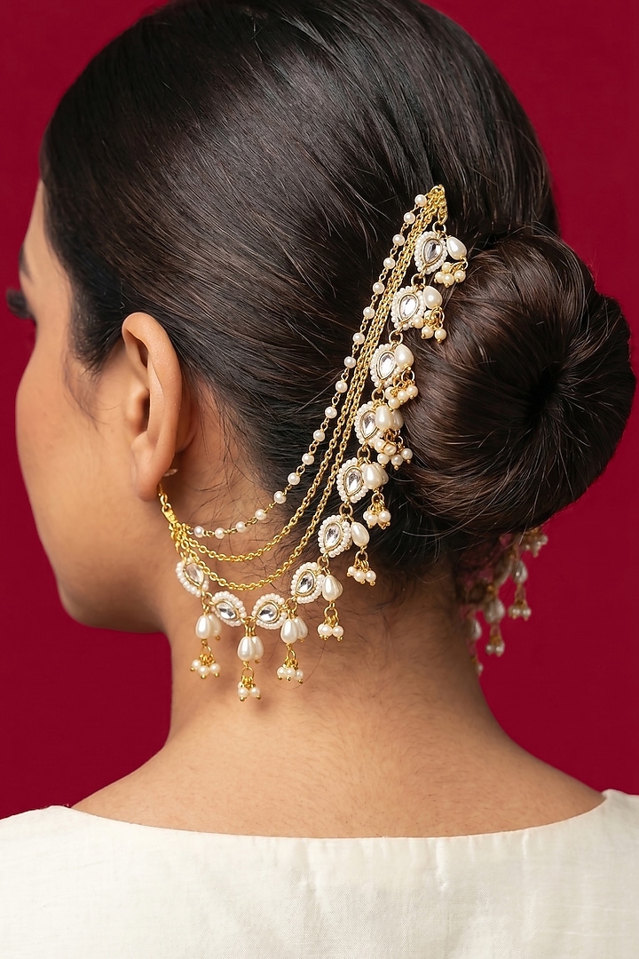 Gold Finish Kundan Polki & Pearl Earchains by Jovi Jewels at Pernia's Pop Up Shop