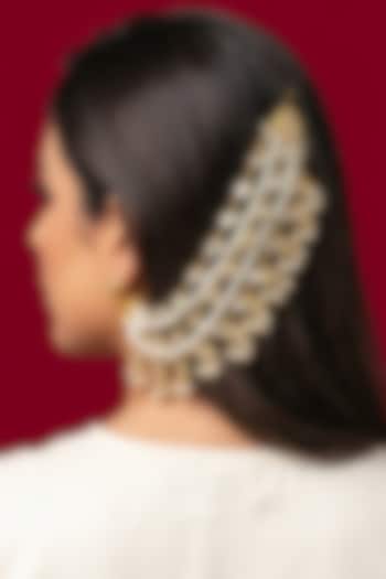 Gold Finish Kundan Polki & Pearl Earchains by Jovi Jewels at Pernia's Pop Up Shop
