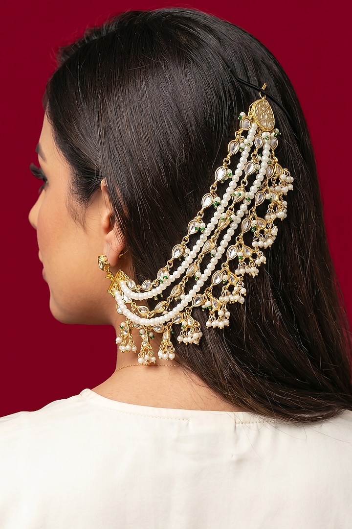 Gold Finish Kundan Polki & Pearl Earchains by Jovi Jewels at Pernia's Pop Up Shop