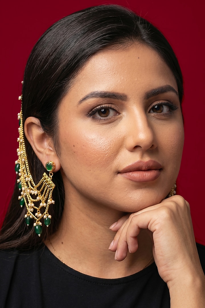 Gold Finish Emerald Beaded Earchains by Jovi Jewels at Pernia's Pop Up Shop