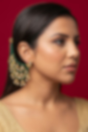 Gold Finish Green Beaded & Pearl Earchains by Jovi Jewels at Pernia's Pop Up Shop