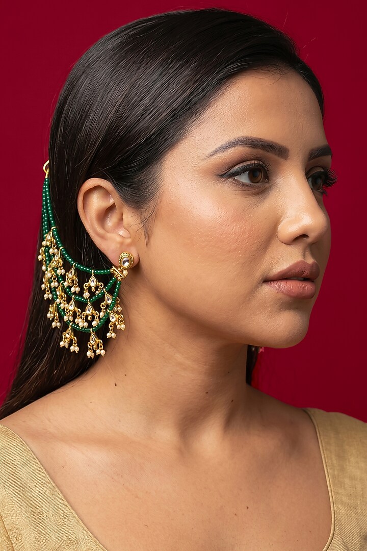 Gold Finish Green Beaded & Pearl Earchains by Jovi Jewels at Pernia's Pop Up Shop