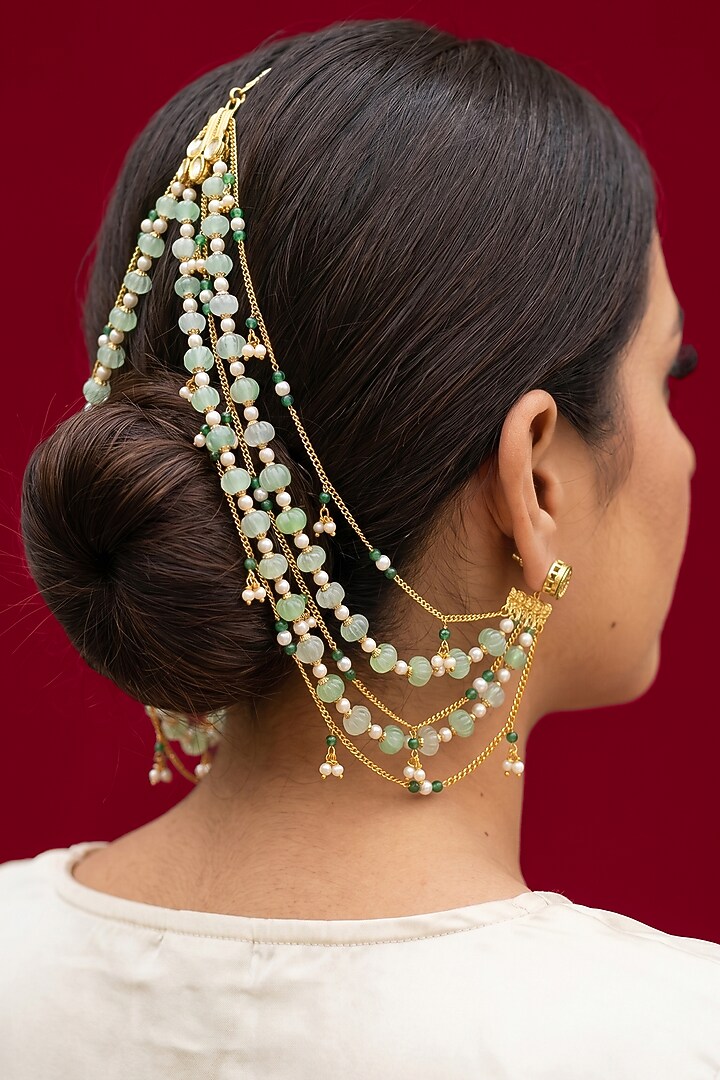 Gold Finish Mint Beaded Earchains by Jovi Jewels at Pernia's Pop Up Shop