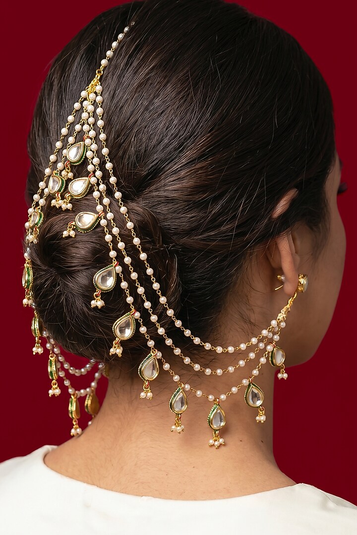 Gold Finish Pearl Earchains by Jovi Jewels at Pernia's Pop Up Shop