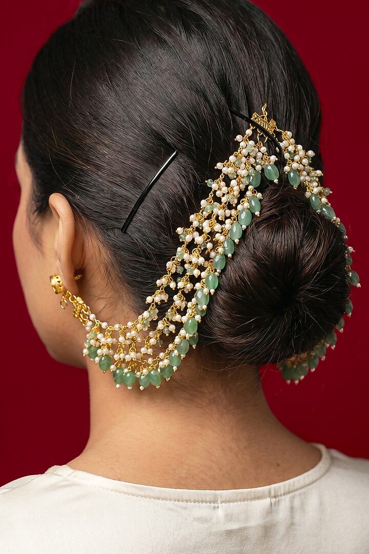 Gold Finish Green Beaded Earchains by Jovi Jewels at Pernia's Pop Up Shop