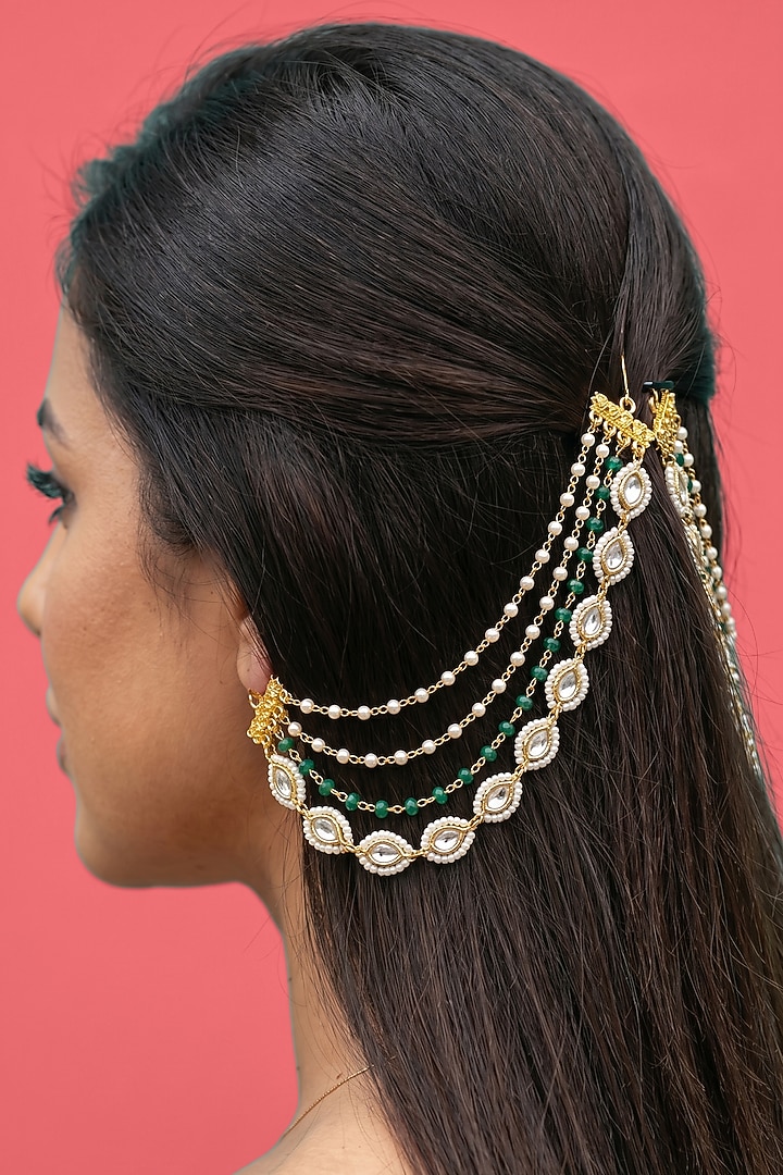 Gold Finish Green Beaded Earchains by Jovi Jewels at Pernia's Pop Up Shop