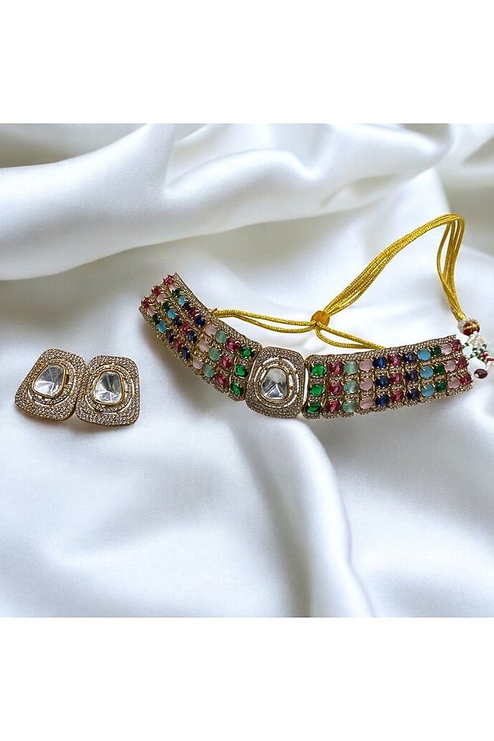 Gold Finish Multi-Colored Kundan Polki Choker Necklace Set by Jovi Jewels at Pernia's Pop Up Shop
