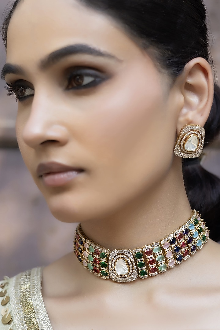 Gold Finish Multi-Colored Kundan Polki Choker Necklace Set by Jovi Jewels at Pernia's Pop Up Shop