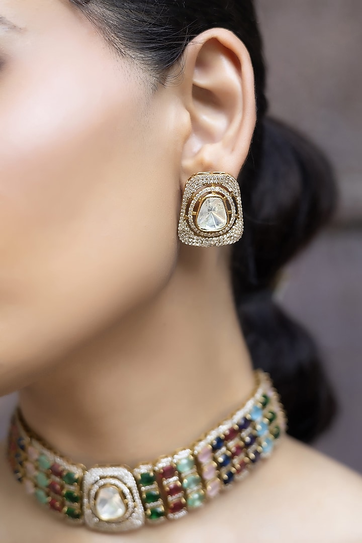 Gold Finish Multi-Colored Kundan Polki Choker Necklace Set by Jovi Jewels at Pernia's Pop Up Shop