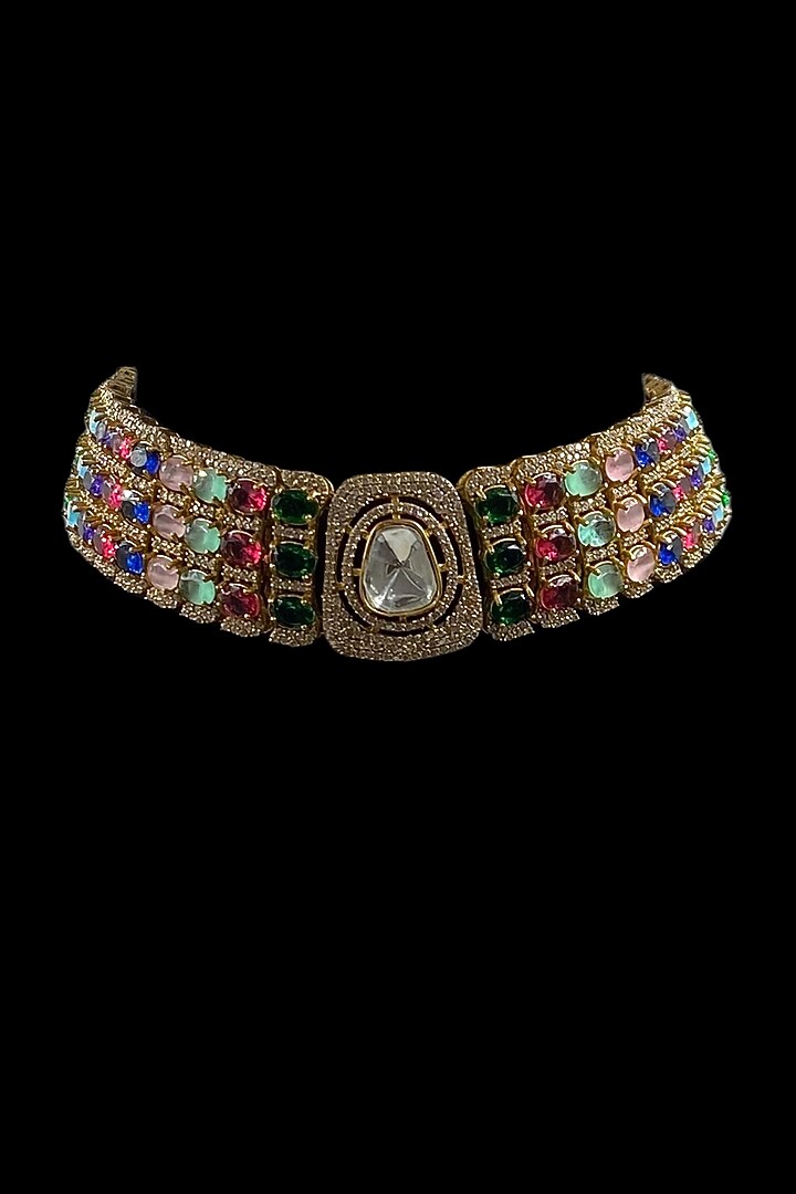 Gold Finish Multi-Colored Kundan Polki Choker Necklace Set by Jovi Jewels at Pernia's Pop Up Shop