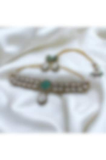 Gold Finish Mint Green Kundan Polki Choker Necklace Set by Jovi Jewels at Pernia's Pop Up Shop