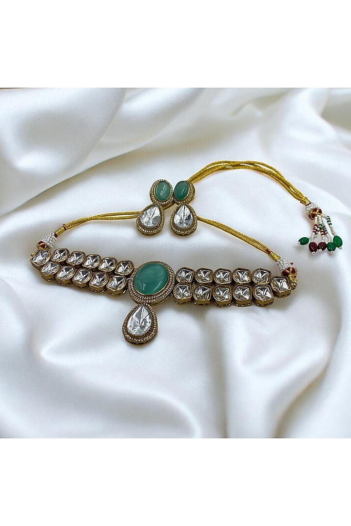 Gold Finish Mint Green Kundan Polki Choker Necklace Set by Jovi Jewels at Pernia's Pop Up Shop