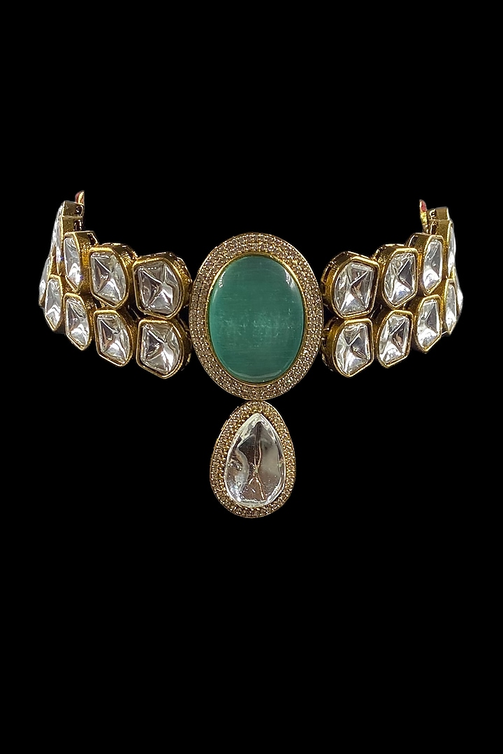 Gold Finish Mint Green Kundan Polki Choker Necklace Set by Jovi Jewels at Pernia's Pop Up Shop