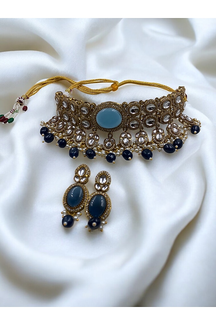Gold Finish Royal Blue Kundan Polki Choker Necklace Set by Jovi Jewels at Pernia's Pop Up Shop