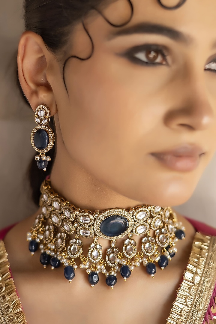Gold Finish Royal Blue Kundan Polki Choker Necklace Set by Jovi Jewels at Pernia's Pop Up Shop