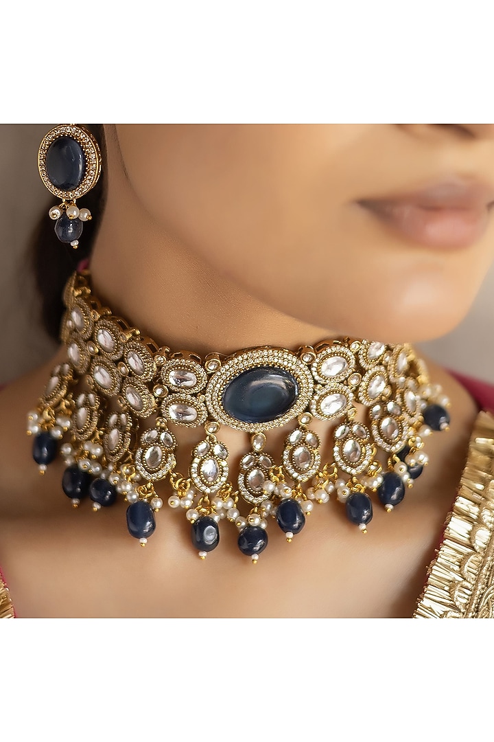 Gold Finish Royal Blue Kundan Polki Choker Necklace Set by Jovi Jewels at Pernia's Pop Up Shop