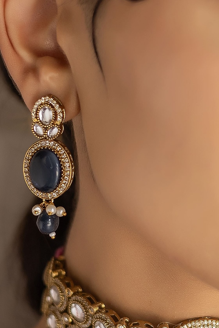 Gold Finish Royal Blue Kundan Polki Choker Necklace Set by Jovi Jewels at Pernia's Pop Up Shop