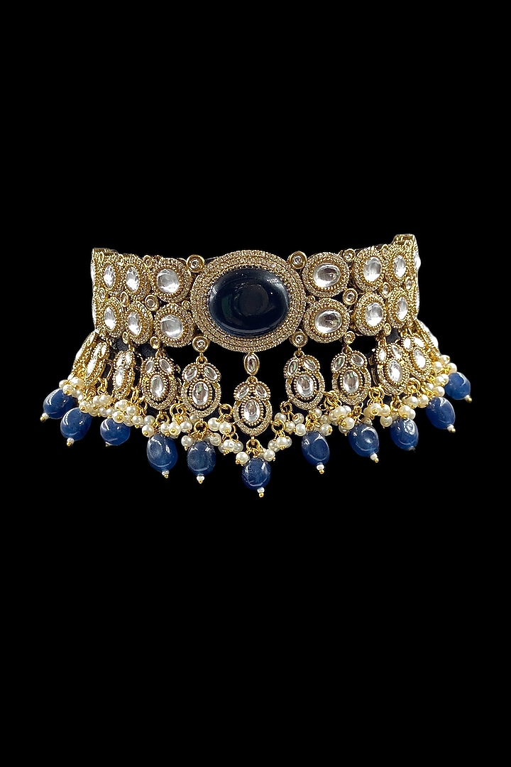 Gold Finish Royal Blue Kundan Polki Choker Necklace Set by Jovi Jewels at Pernia's Pop Up Shop