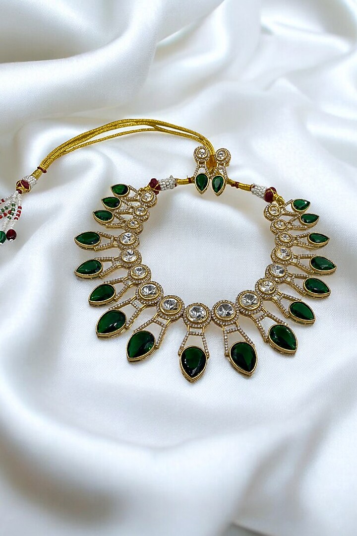 Gold Finish Green Kundan Polki Choker Necklace Set by Jovi Jewels at Pernia's Pop Up Shop