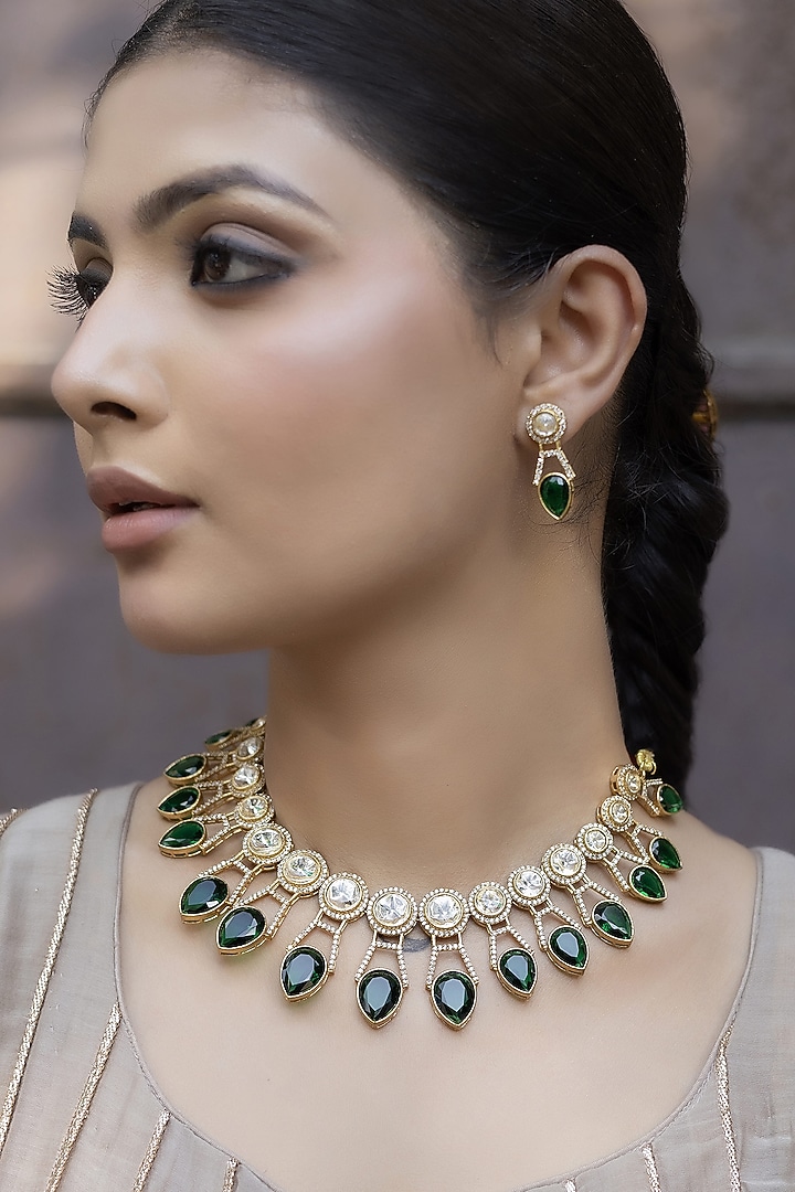 Gold Finish Green Kundan Polki Choker Necklace Set by Jovi Jewels at Pernia's Pop Up Shop