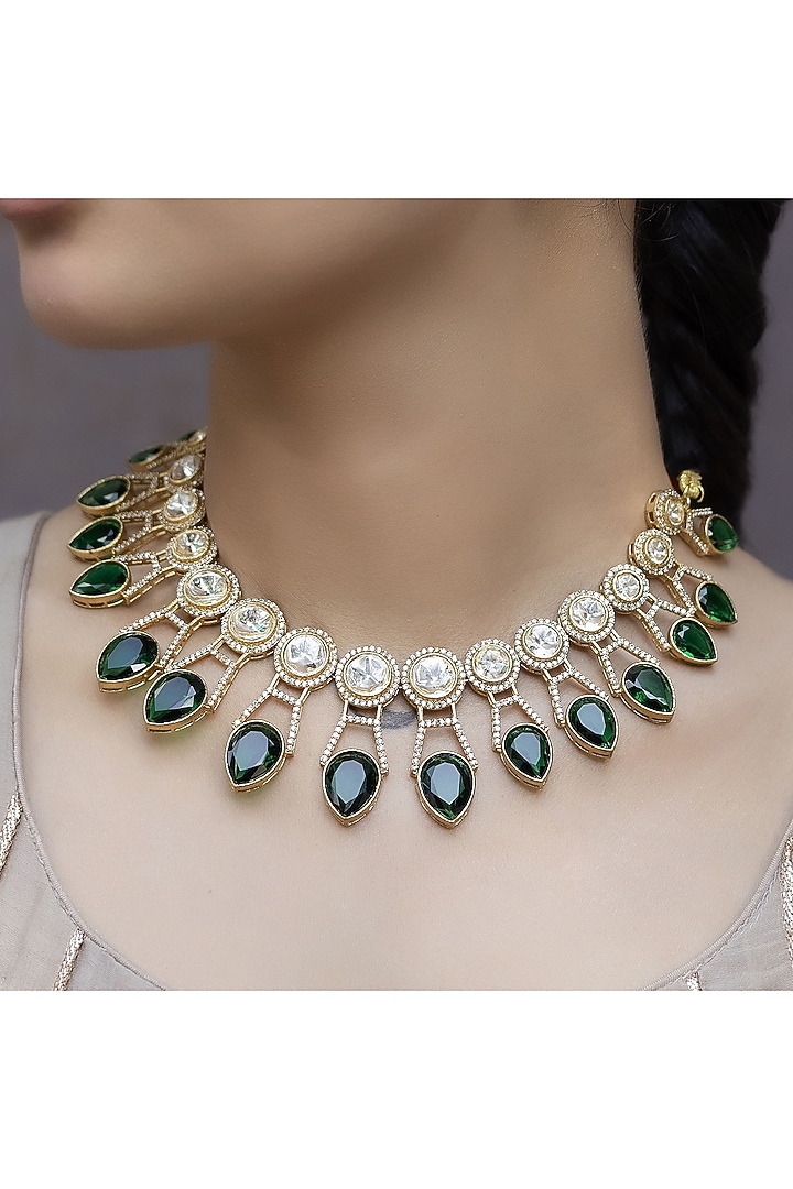 Gold Finish Green Kundan Polki Choker Necklace Set by Jovi Jewels at Pernia's Pop Up Shop