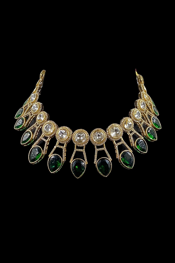 Gold Finish Green Kundan Polki Choker Necklace Set by Jovi Jewels at Pernia's Pop Up Shop