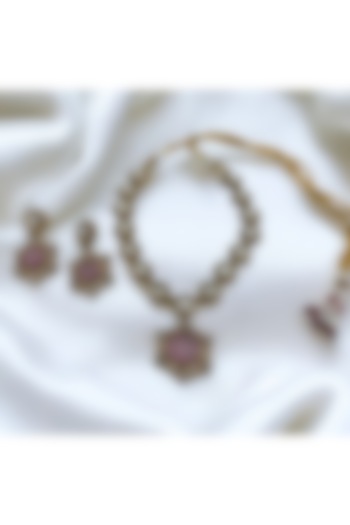 Gold Finish Pink Kundan Polki Necklace Set by Jovi Jewels at Pernia's Pop Up Shop