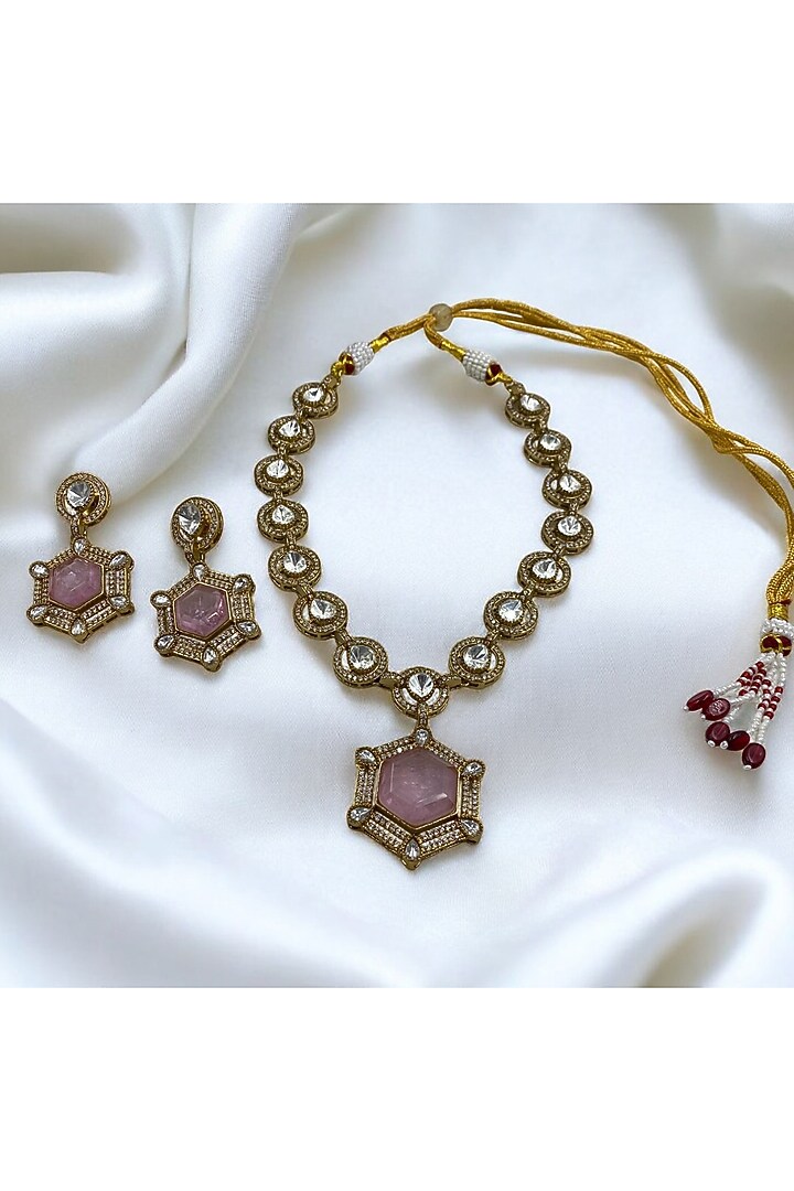 Gold Finish Pink Kundan Polki Necklace Set by Jovi Jewels at Pernia's Pop Up Shop