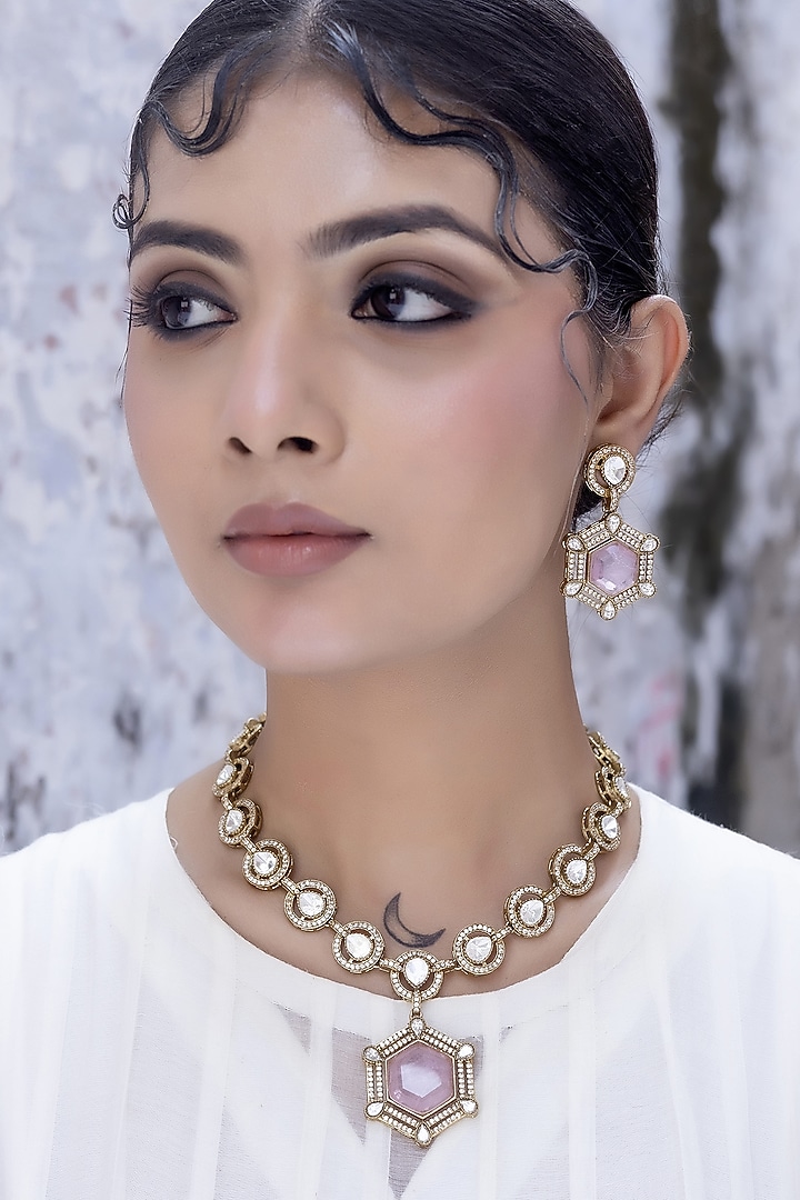 Gold Finish Pink Kundan Polki Necklace Set by Jovi Jewels at Pernia's Pop Up Shop